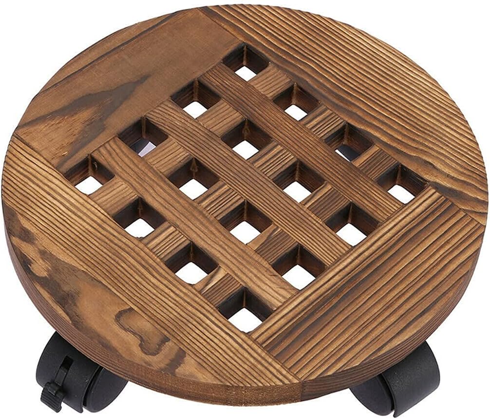 Wood Plant Stand Indoor Outdoor Planter Caddy Round Flower Pot Mover Trolley Wheels Plant Stand(35cm)