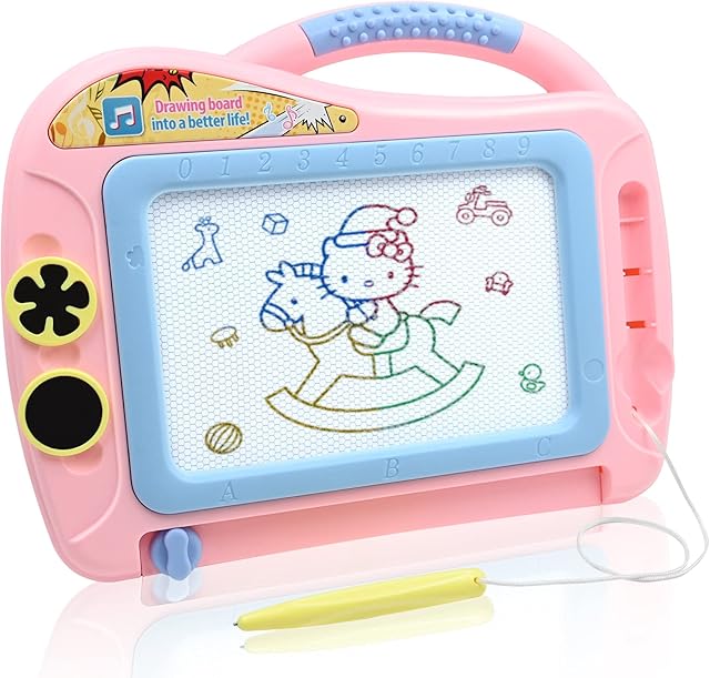 Magnetic Drawing Board for Kids, Travel Size Erasable Doodle Sketching Writing Board Colorful Doodle with 2 Stamps for Toddlers-Pink