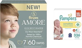 Pampers Amore Diapers Size 7, 60 Count, with Pampers Sensitive Water Based Baby Wipes 4X Flip-Top Packs (336 Count) [Packaging May Vary]