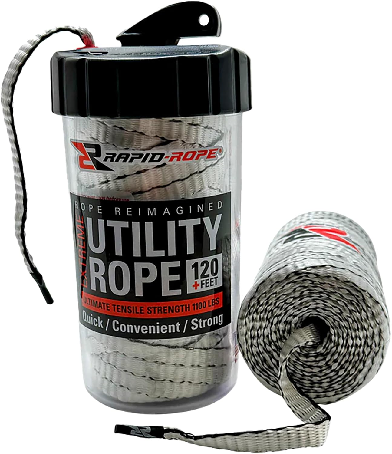 Rapid Rope Canister 120ft White Flat Tactical Paracord, Made in USA, 1100lb Tested Heavy Duty Poly Rope Test Cord, Non-Tangle Dispenser Included - Hiking, Camping, Survival, Utility, Climbing