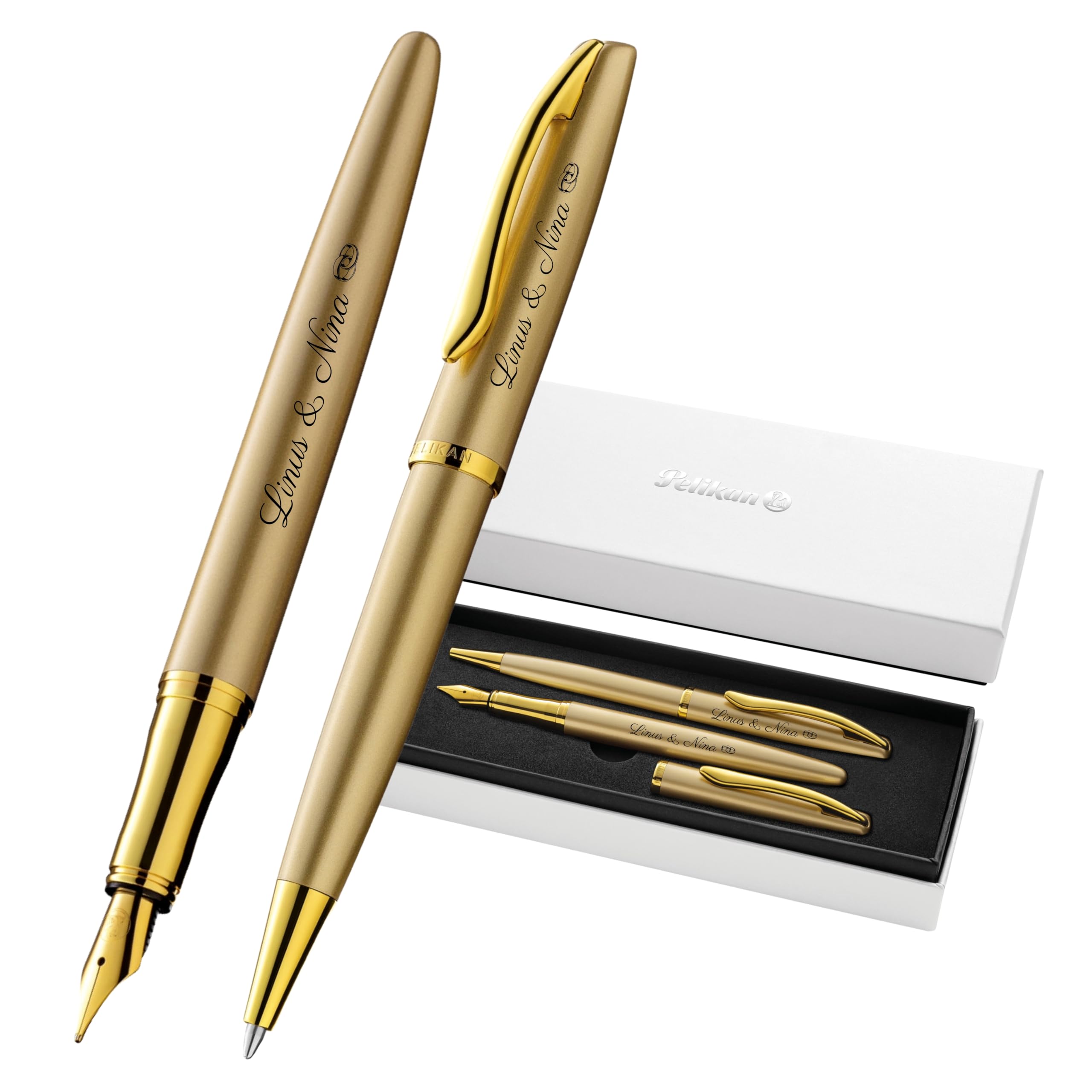 Pelikan Jazz Noble Elegance K/P36 Penna a sfera e penna stilografica con incisione regalo, penne uniche con nome, regali personalizzati, penna stilografica (oro giallo)