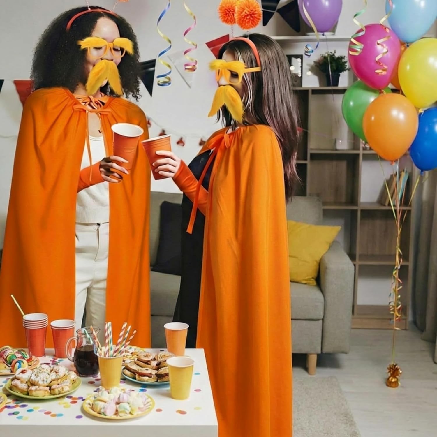 6 Pcs Orange Costume Set Book Character Costume Character Dress up Novelty Yellow Mustache and Eyebrows Glasses Orange Cape Spirit Week Style Wear Stockings Gloves Headband Cosplay - Image 5