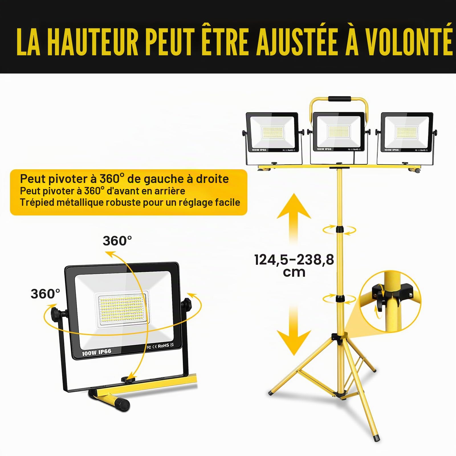 Willpower Projecteur Chantier LED sur Pied 300W Spot LED Extérieur Filaire | Lumiere de Chantier 20000LM, 6000K Blanc, Etanche IP66, Portable Lampe de Travail Pour Garage Atelier Construction