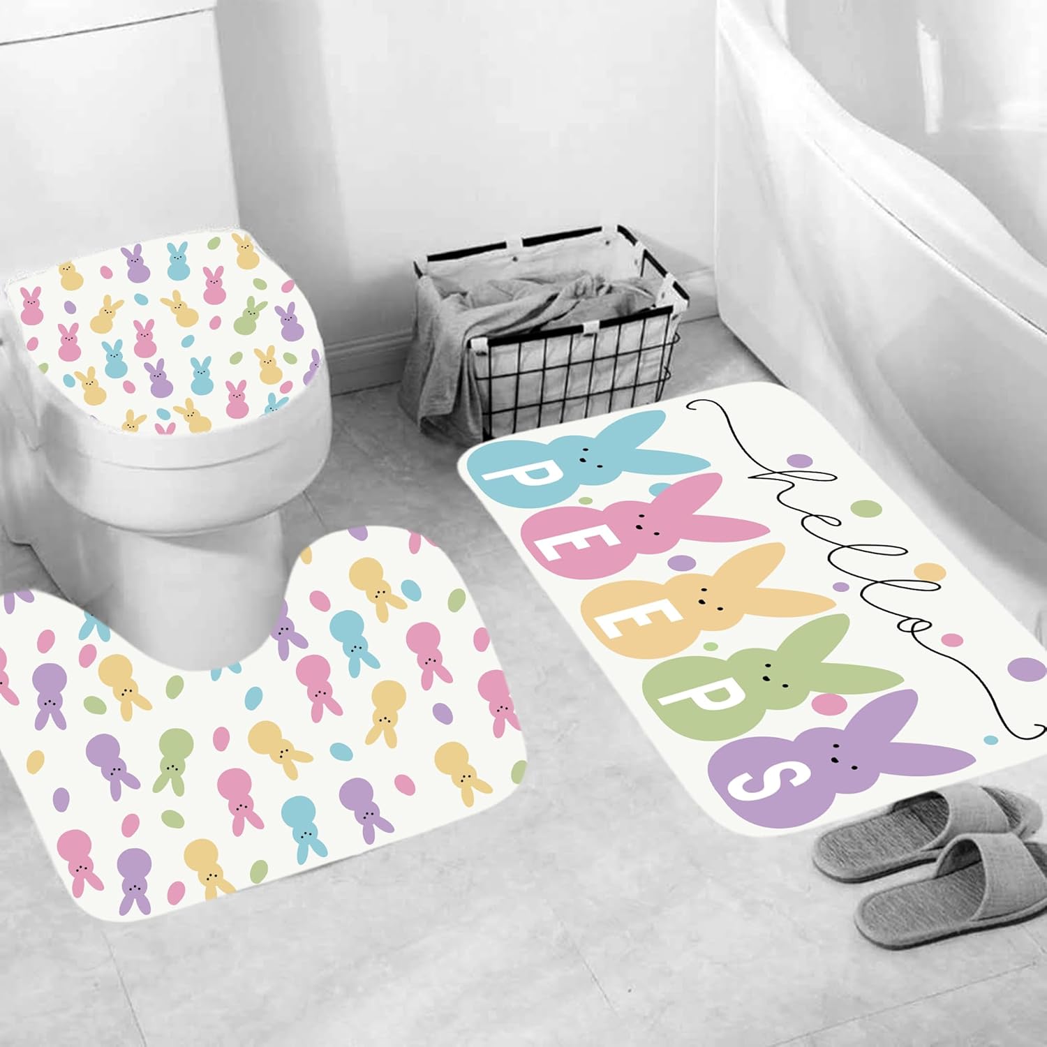 4 Pcs Easter Bunny Shower Curtain Sets with Non-Slip Rugs, Toilet Lid Cover and Non-Slip U Shape Bath Mat, Easter Bathroom Decor with 12 Hooks 71 x 71 Inches (Style A)