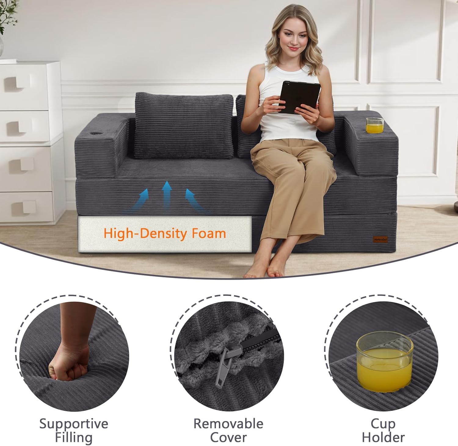 MeMoreCool Futon Couch Convertible Sofa Bed Queen, Folding Floor Couch Bed with Pillow, Corduroy Grey Foldable Sofa Sleeper, Fold Out Boneless Loveseat Lounge for Living Room Small Spaces