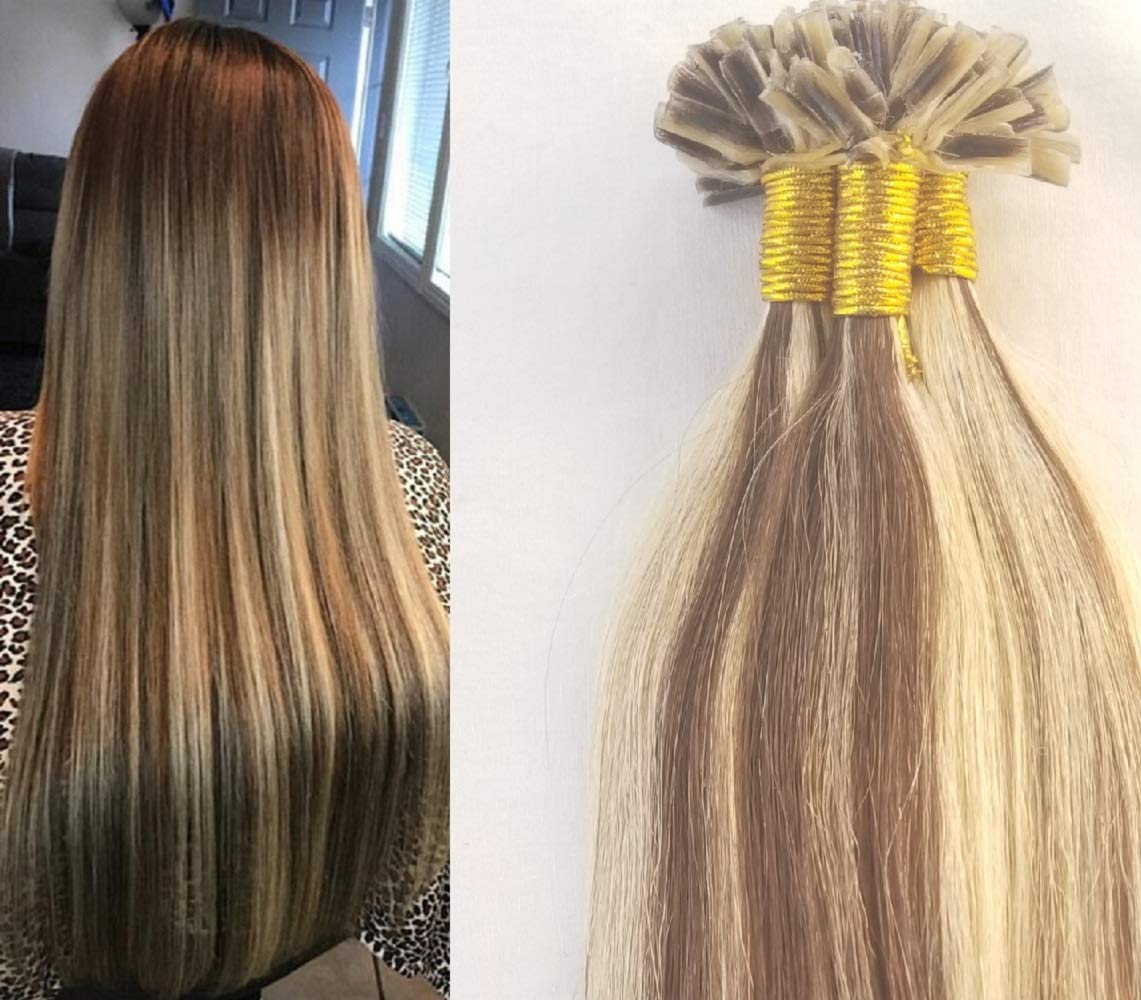 Hair Faux You 22" Remy Straight Pre bonded Keratin U Tip Human Hair Extensions Professional Salon 100 grams 100 strands Per Package Color # 4/613 Dark Brown mixed with Platinum Blonde