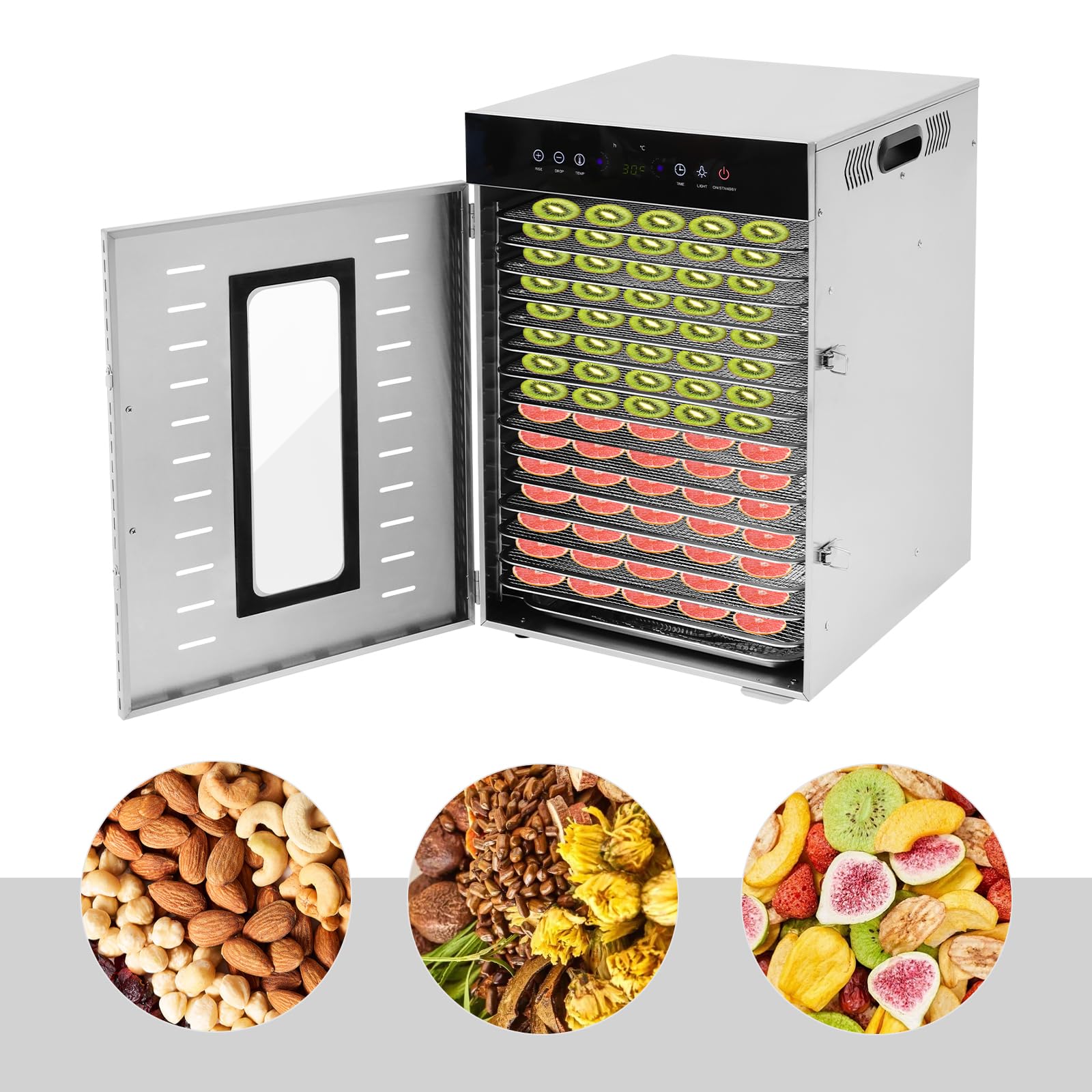 Essiccatore per alimenti in acciaio inox, 1350 W, 16 ripiani, con pannello touch, circolazione dell'aria calda orizzontale, protezione contro il surriscaldamento, essiccatore per casa, caffetteria