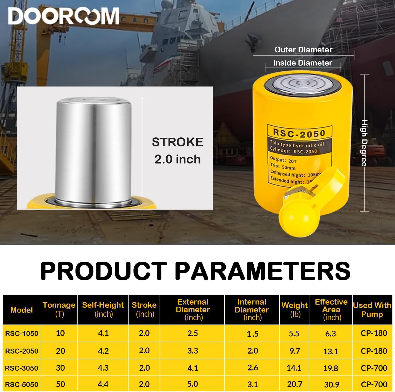 DOOROOM 20 Ton Hydraulic Cylinder Jack,2” Stroke Hydraulic Ram Jack, Porta Power Ram Automatic Retracting Jack with CP-180, Yellow