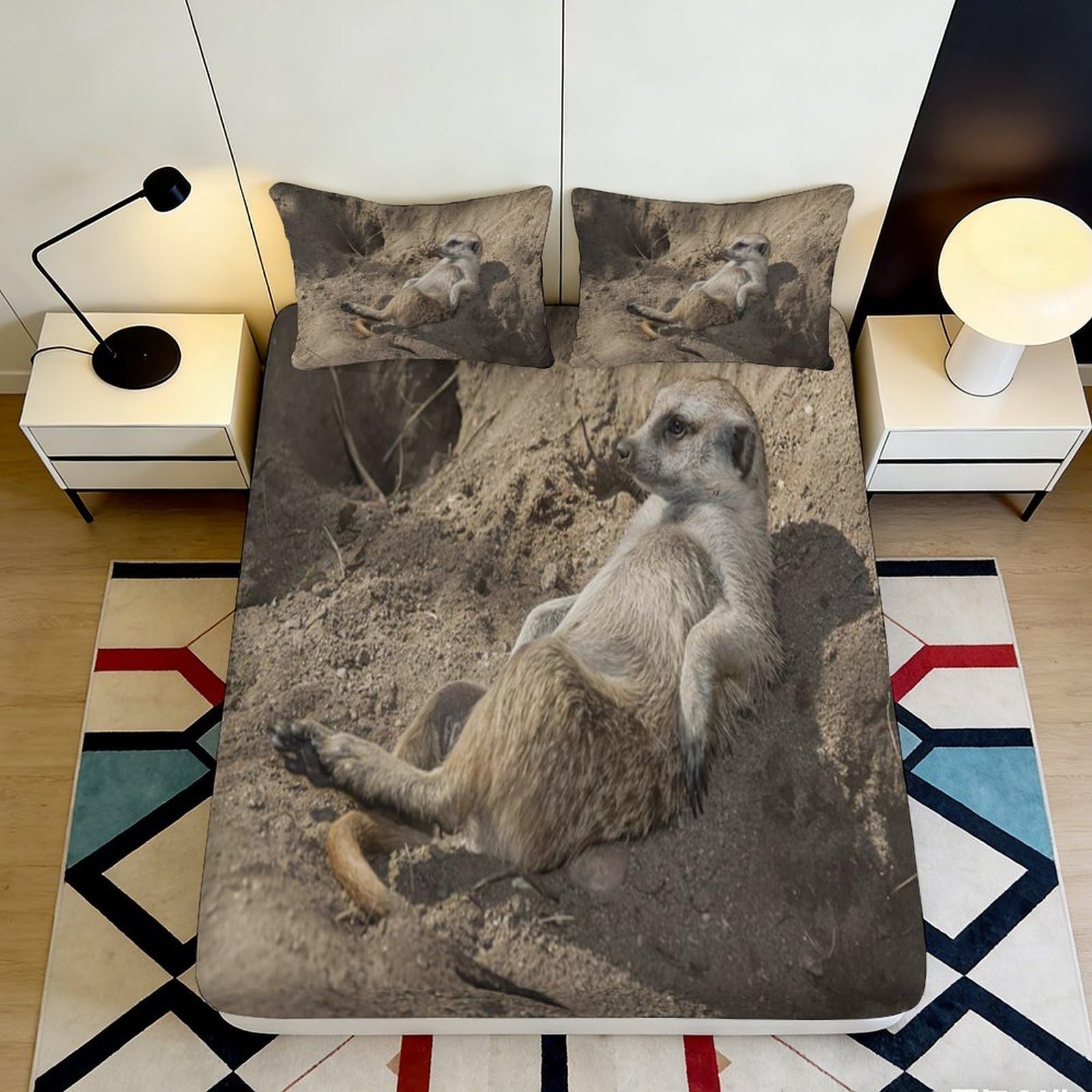 3D Printed Meerkat Desert Fitted Sheet Microfiber Soft Breathable Wildlife Bed Cover for Bedroom Guest Room Decor 140x200x25cm