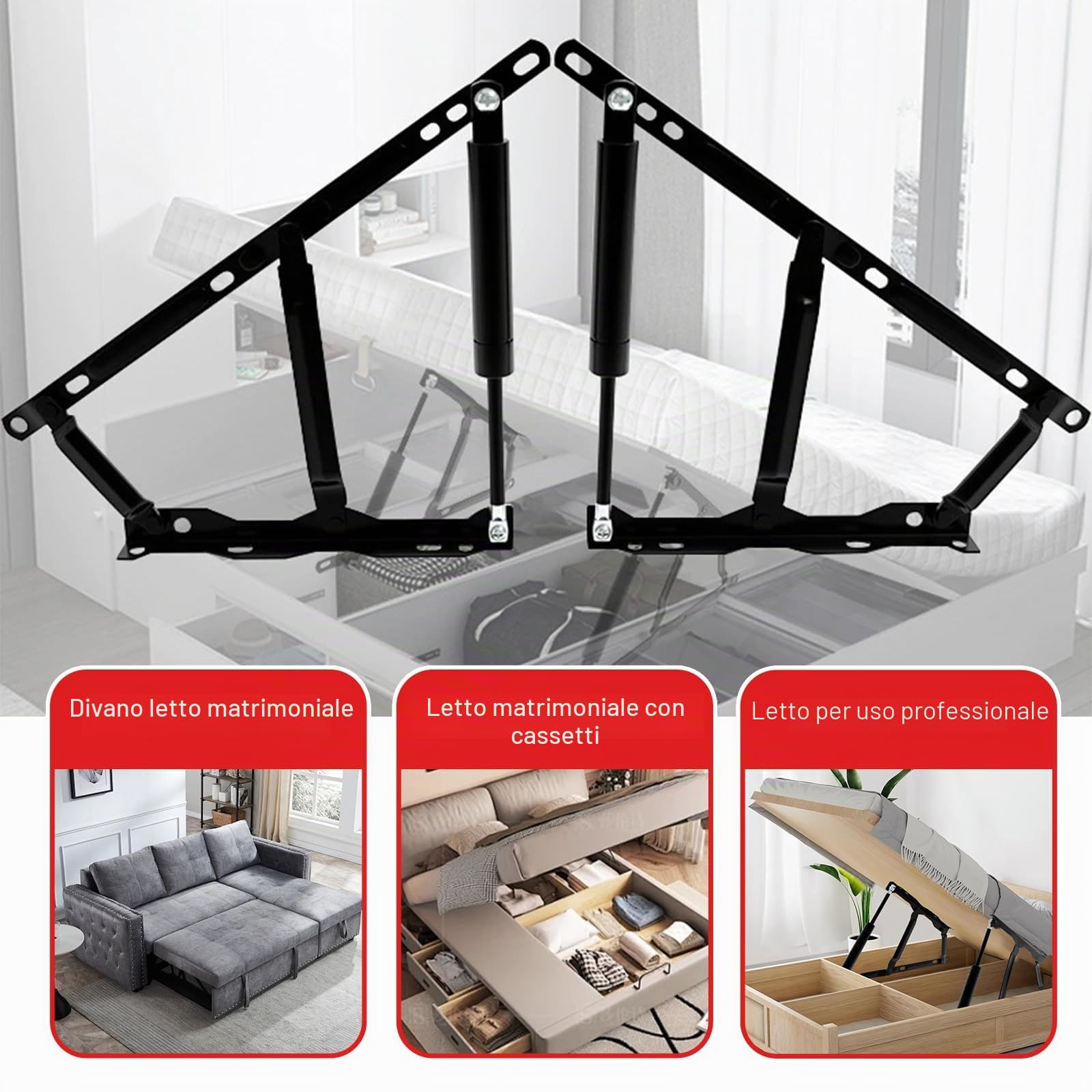 1 paio di meccanismi di sollevamento pneumatici per letto da 53 cm, meccanismo di sollevamento per letti contenitore, cerniera idraulica nera per sollevamento letto, capacità di carico 100 kg, per