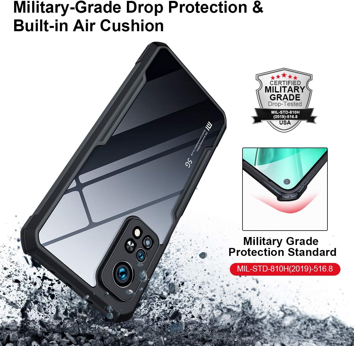 An Xundd cased phone shown with a graphic indicating military-grade drop protection and built-in air cushions, with a certification badge.