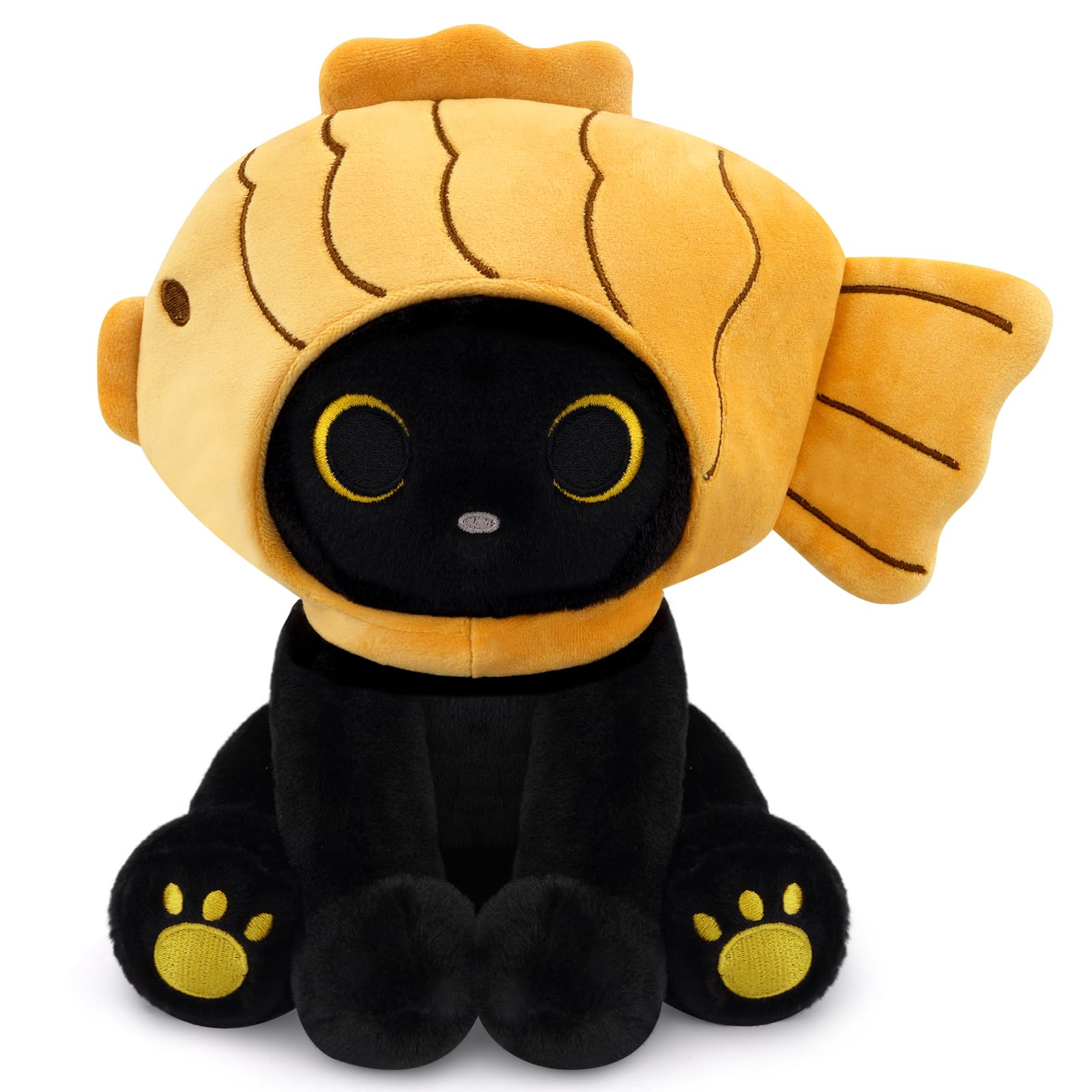 Fish Stuffed Animal Cat Plush 8inches Black Cat Plush with Brown Taiyaki Hood Removable Kawaii Stuffed Kitten Doll