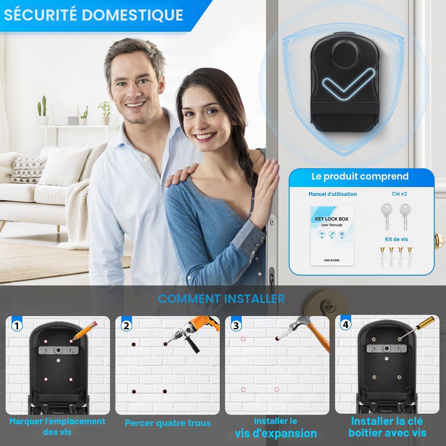 Boîte à Clé Sécurisée Grand Coffre a Clef Exterieur Etanche Boite à Clé avec 4 Code & Clés d'urgence Boitier Cles Securise Boite a Clefs Mural pour Exterieur Interieur Ecole Bureau Usine (Noir)