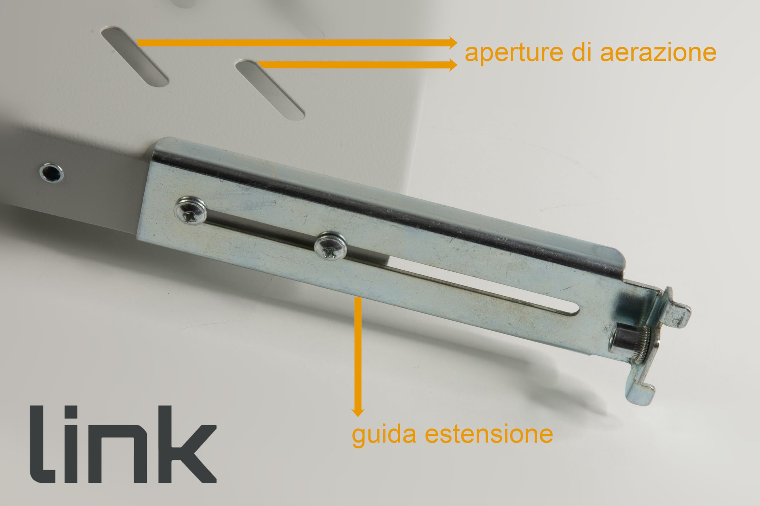 Link LKRIP450L - Ripiano in acciaio per armadio rack 19" universale (profondità 45-55 cm, grigio chiaro RAL7035) – 4 agganci frontali e posteriori – Portata 50 kg e superficie traforata per aerazione