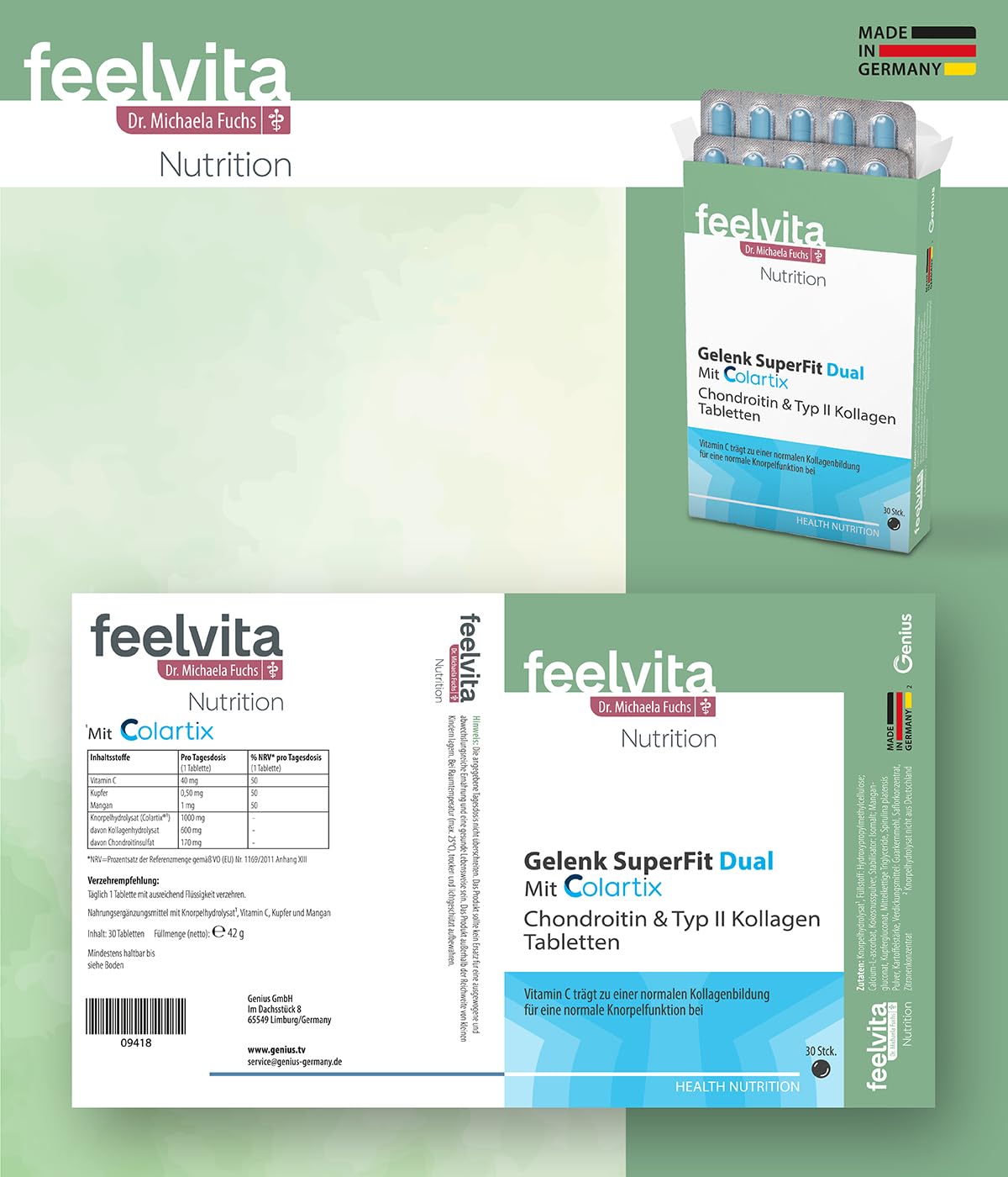 Genius Feelvita Nutrition Gelenk SuperFit Dual Tabletten - hochdosiert für normale Knochen, Knorpel und Bindegewebe sowie der normalen Kollagenbildung ohne Zusätze 90 Tabletten