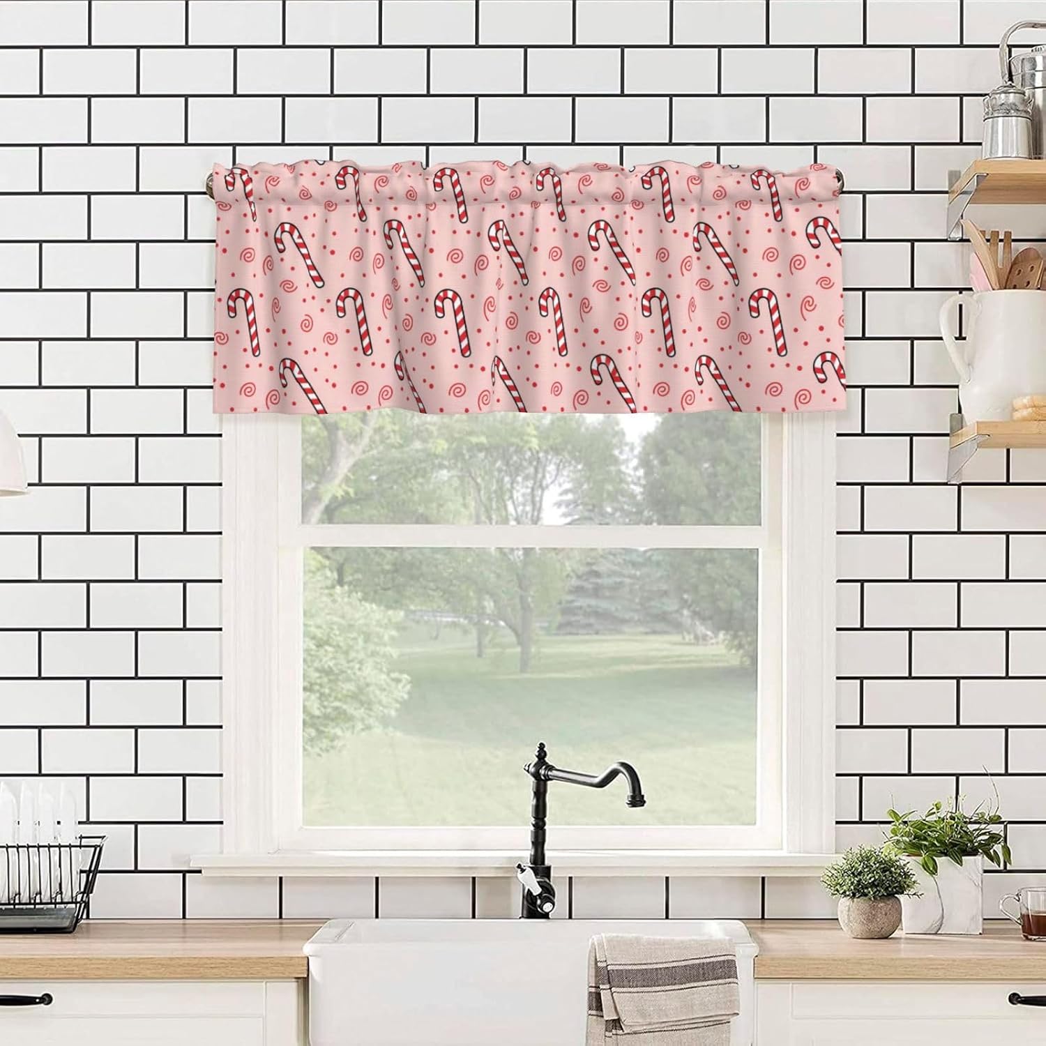Christmas Valance for Windows Red Candy Canes Dot Pink Short Kitchen Curtain Valances Rod Pocket Window Treatment for Living Room Bedroom Bathroom Decor 1 Panel, 54x18in