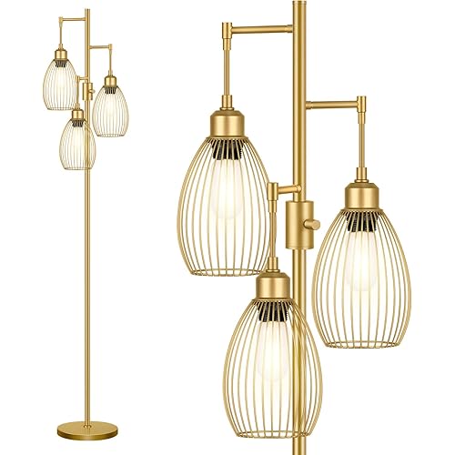 Dimmable Floor Lamp, 3 x 800LM LED Edison Bulbs Included, Farmhouse Industrial Floor Lamp Standing Tree Lamp with Elegant Teardrop Cage Head Tall Lamp for Living Room Bedroom Office Dining Room - Gold