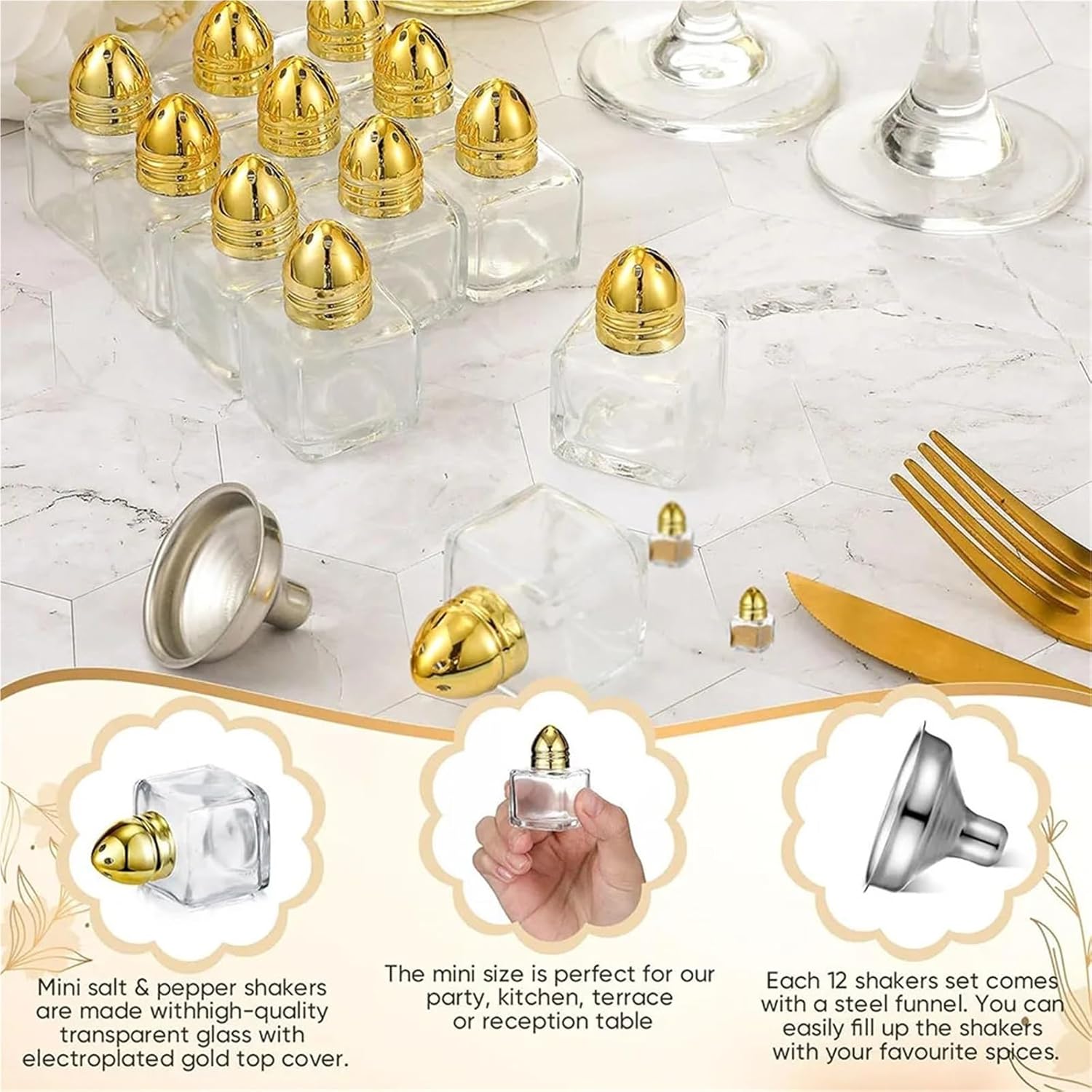 Small Salt and Pepper Shakers 12 Cube Clear Mini Glass Small Salt and Pepper Shakers with Tinted Caps for Wedding Party Restaurant for Picnic And Camping(Rose Gold)