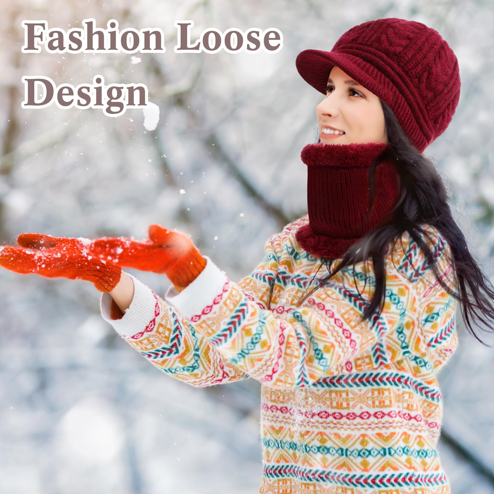 Hicarer 4 Set Damen Mütze Schal Set Winter Warme Mütze Strickmütze mit Hals Kreis Schal Ski Schnee Hüte Warmfutter Slouchy Weich Halswärmer Solide Unisex für kaltes Wetter Outdoor Sport Skifahren