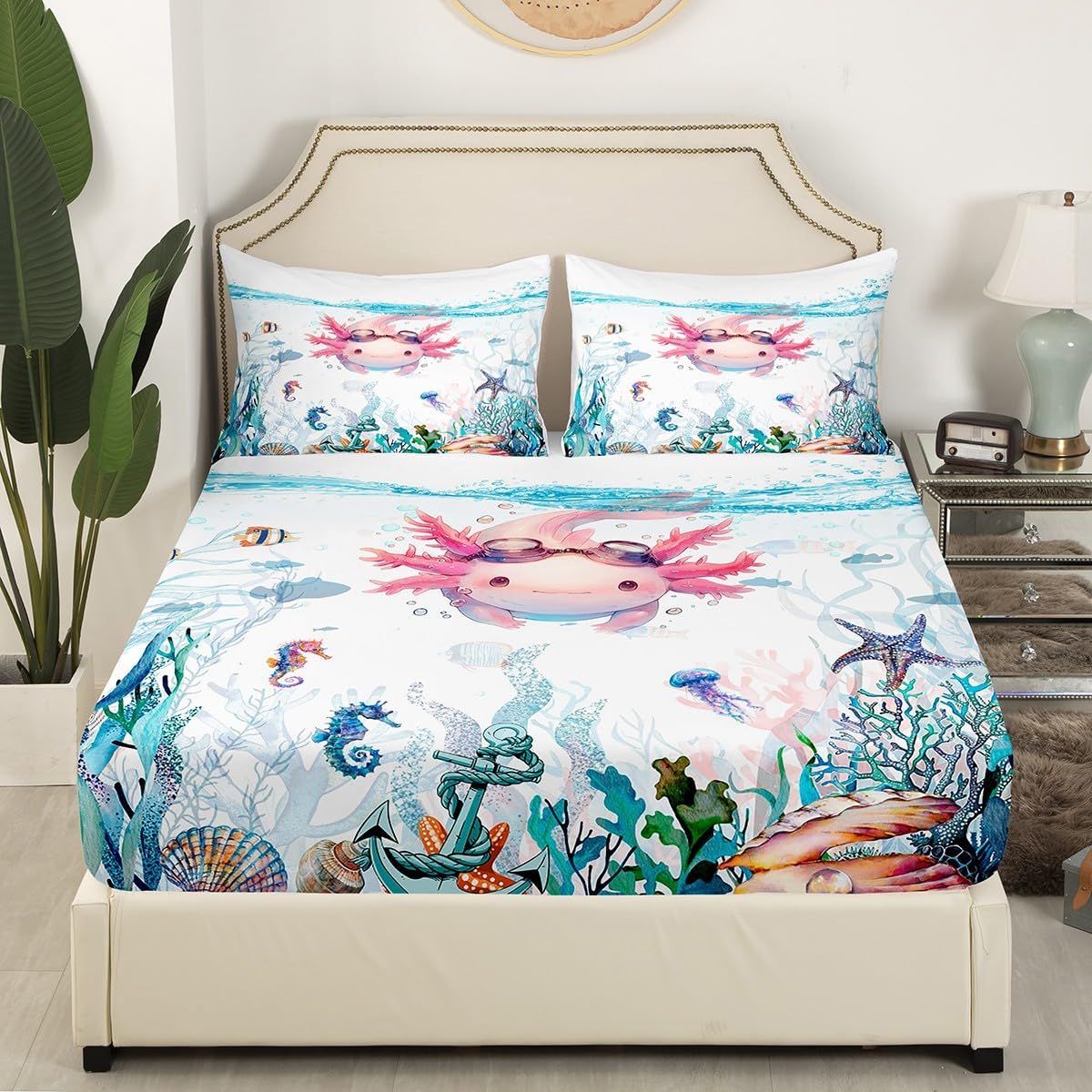 Feelyou Kids Cute Axolotl Fitted Sheet Queen Size Cartoon Salamander Bed Sheet Set for Boys Girls Toddler Kawaii Ocean Sealife Bedding Set Reptile Animal Bed Cover Deep Pocket Bed Set
