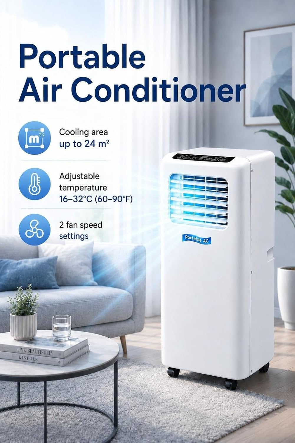 Aire Acondicionado Portátil 5000 BTU con Mando a Distancia y Temporizador 24 Horas, Enfriamiento para Hogar y Oficina hasta 16-24 m², Comes with UK 3-Pin Plug (, 9000BTU, 9000BTU