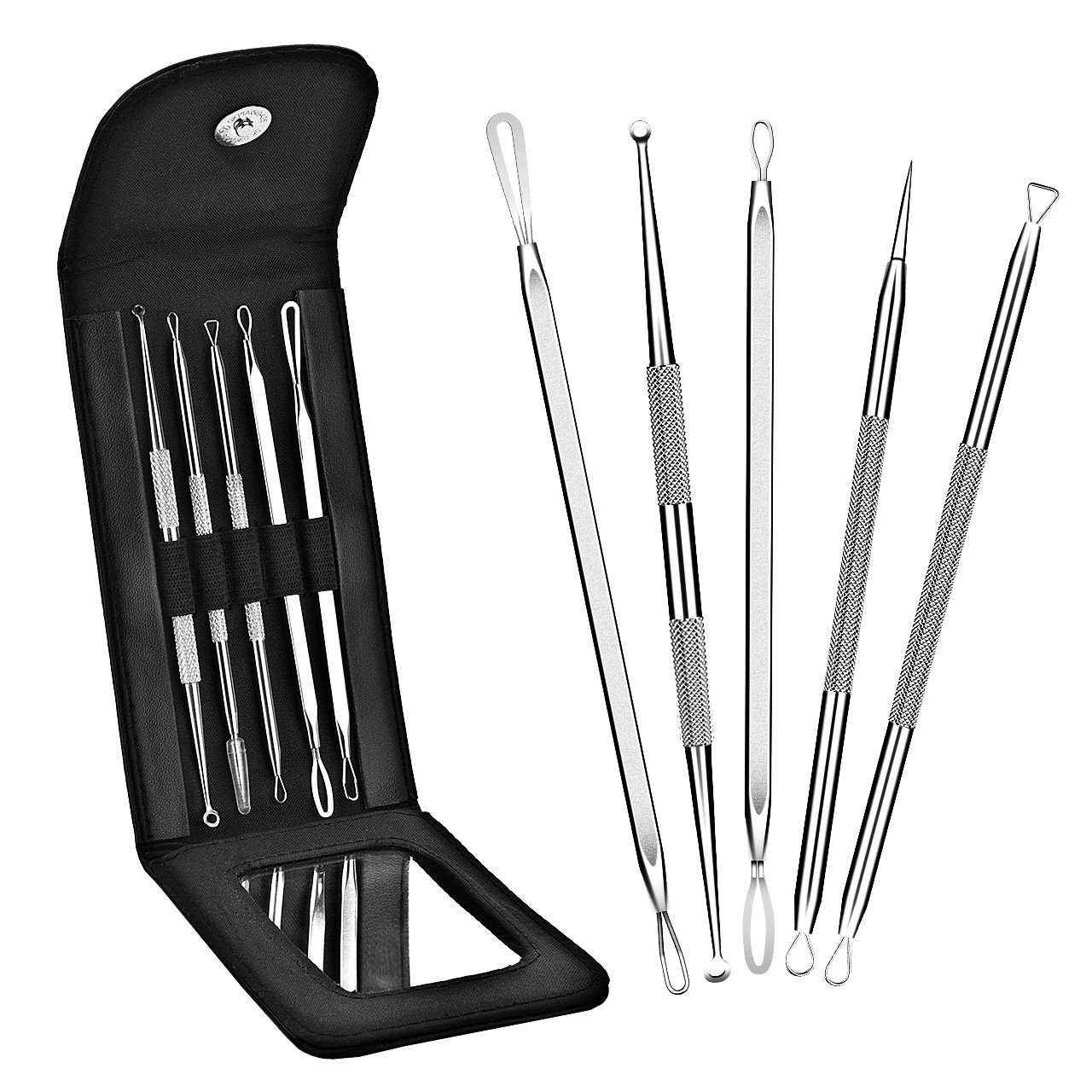 Blackhead Remover Kit, ElleSye Pimple Acne Removal Tool Comedone Whitehead Zit Extractor Kit for Risk Free Nose Face Skin with 3X Zoom Flat Mirror & Leather Case