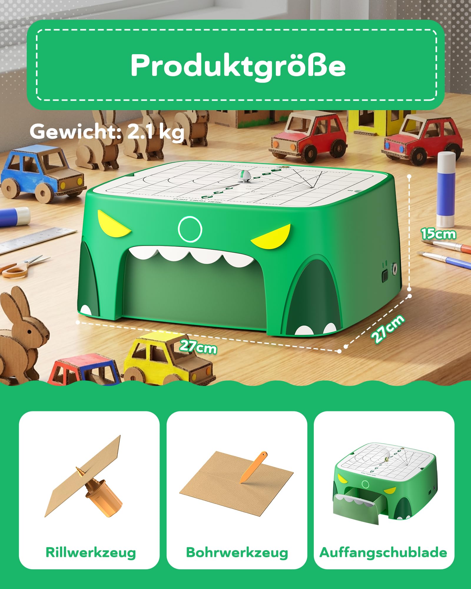 Kartonschneider Kinder Spielzeug ab 3 Jahren | Sicheres DIY Karton Werkzeug & STEM Spielzeug | Karton & Pappe upcyceln für kreative 3D-Modelle – ideal Geschenkideen für Zuhause und Schule (Grün)