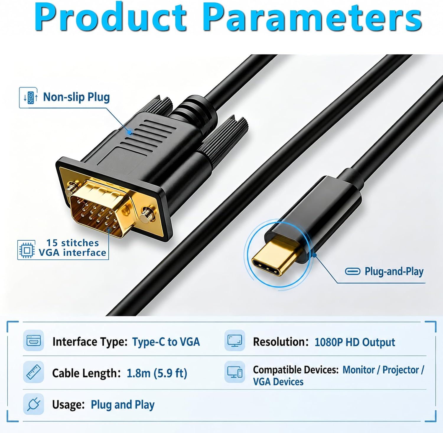 Duttek USB C to VGA Adapter Cable 6FT/1.8M, One Way USB-C Male to VGA Male Cord for Laptop Android Phone Tablet, Connect to Monitor Projector HDTV, 1080P@60Hz (Not Support Thunderbolt Port)