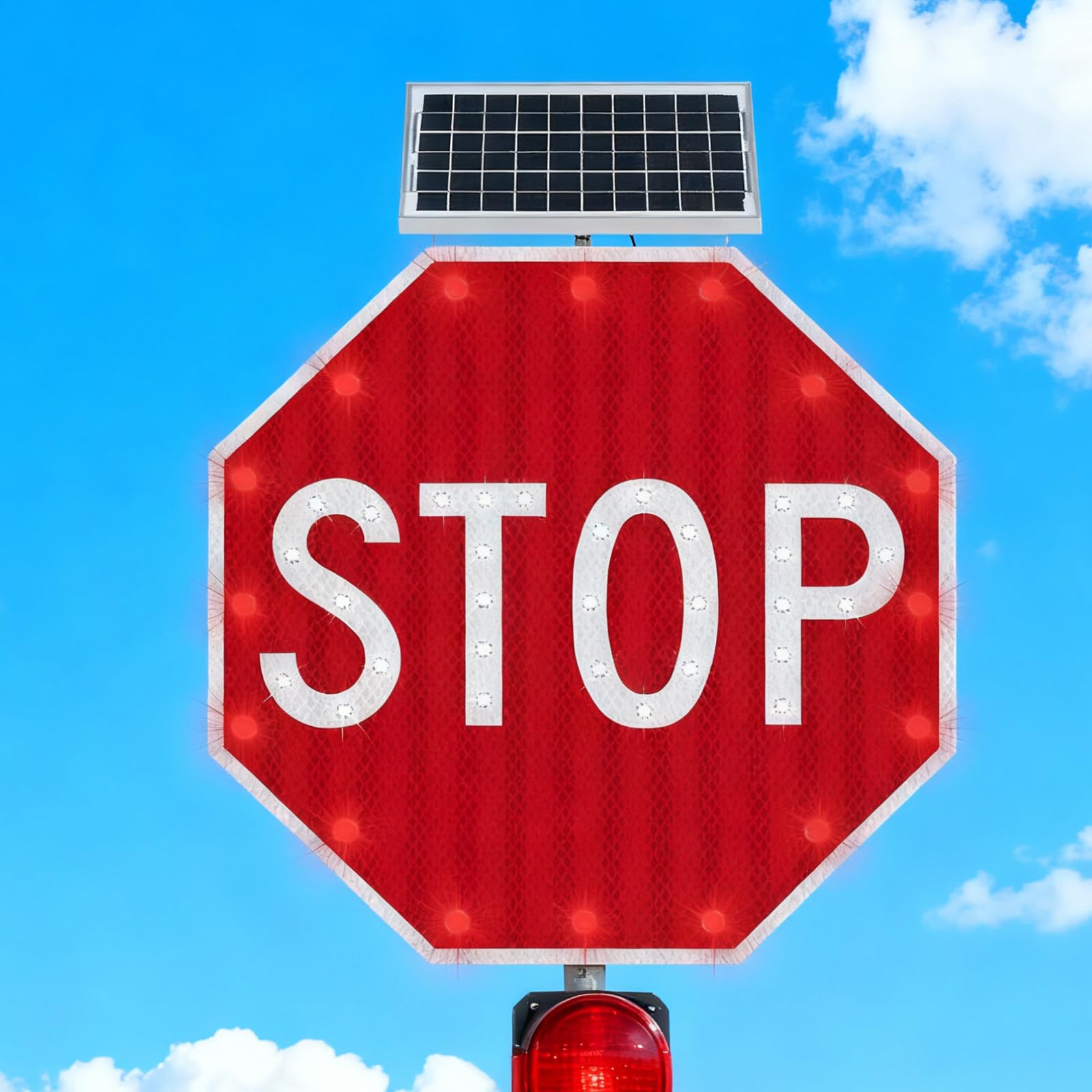 Señal Vial Stop Metálica 30" Termolacada con Solar LED Intermitente y Película Reflectante Industrial, Ideal para Control Tráfico en Calzada, Fácil de Instalar