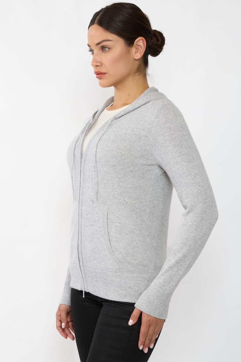 JENNIE LIU Women's 100% Pure Cashmere Long Sleeve Zip Hoodie Cardigan Sweater - Image 2