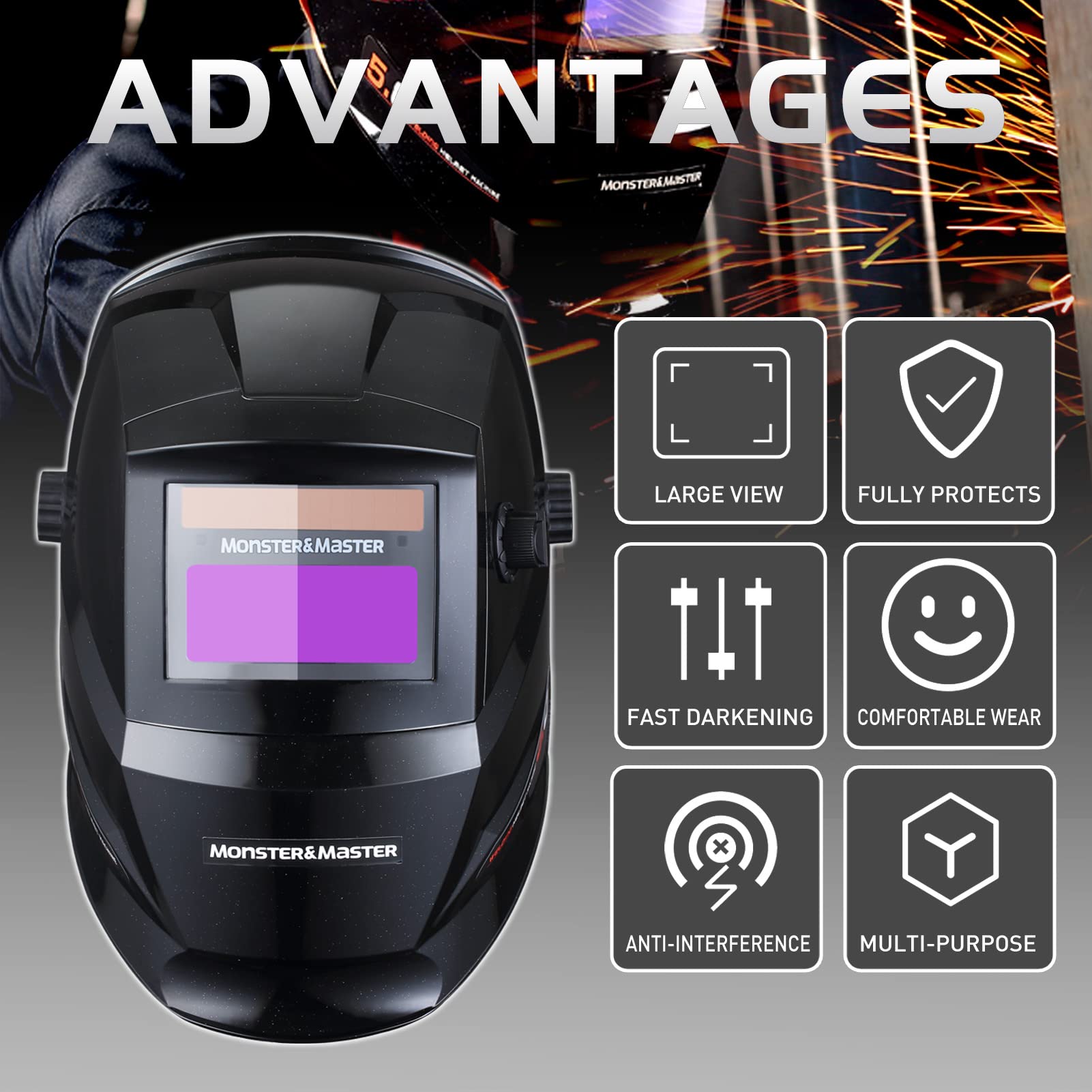 Monster&Master Automatic Welding Helmet, Welding Masks, Large Viewing Screen, Welding Helmet Headgear, Welding Helmets for Men, 2 Arc Sensor Wide Shade, MM-WH-003