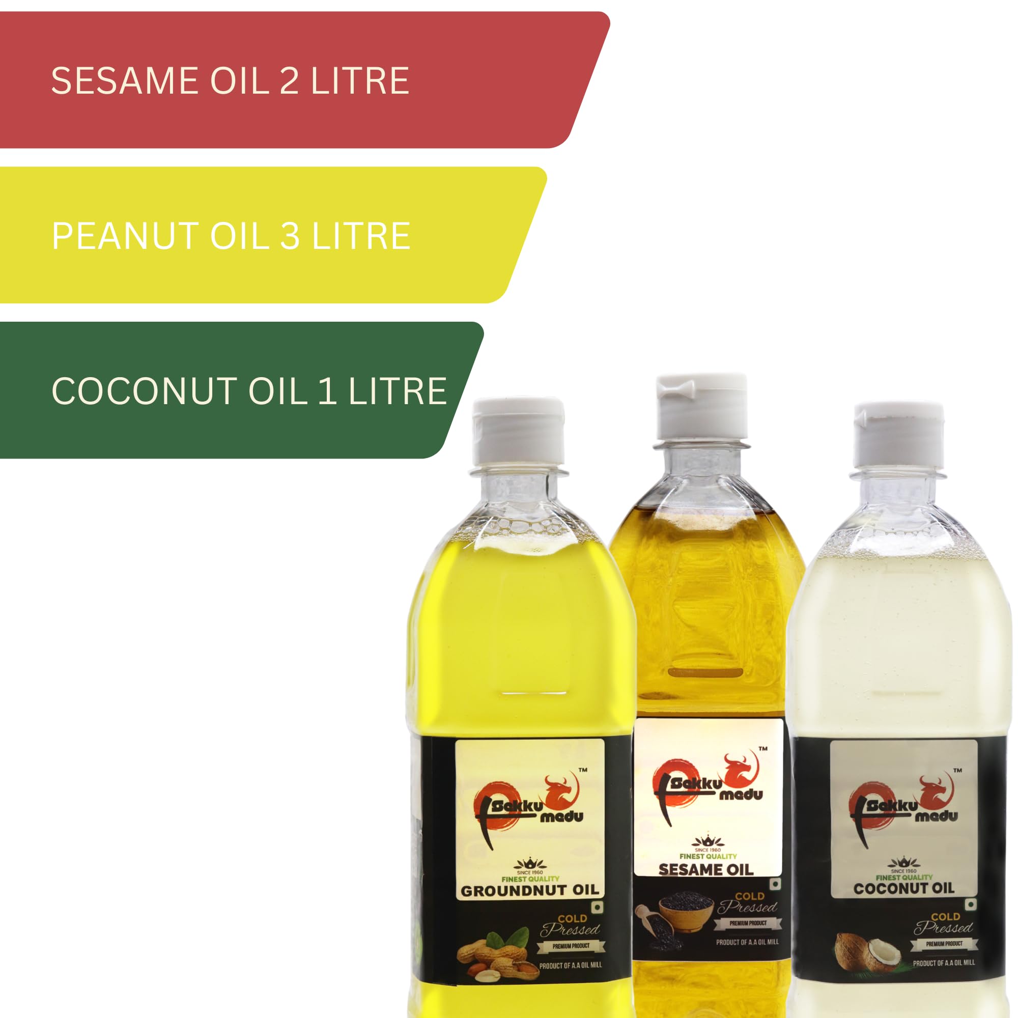 Sekku Medu Pure Cold Pressed Oil Combo Pack | 100% Natural Wood Pressed Sesame, Peanut (Groundnut) & Coconut Oil | Unrefined, Chemical-Free & Nutrient Rich Edible Oils for Cooking & Wellness (3L GROUNDNUT + 2L SESAME + 1L COCONUT) 6 Liters 1