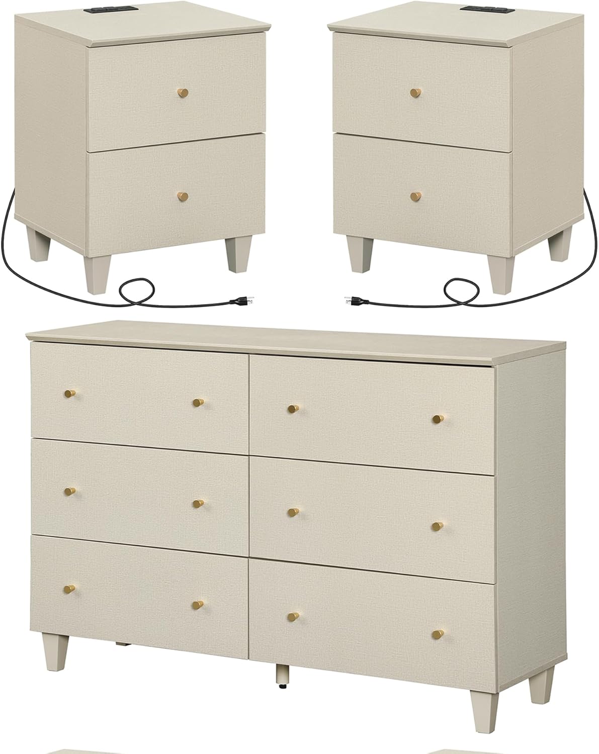 WAMPAT Dresser and Nightstands 3 Pieces, Wooden Dresser with 6 Drawers, Set of 2 Night Stands with Charging Stations, Bedroom Chest of Drawers and Wood Bedside Tables Set, Beige Linen Textured