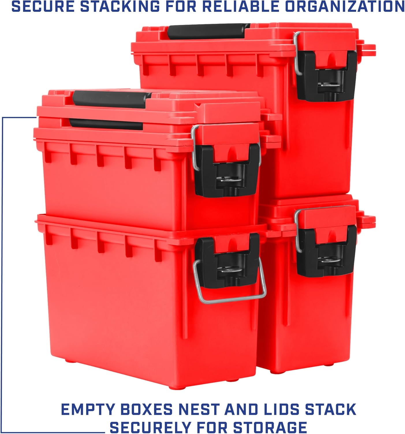Sheffield 12636 Ammo Storage Box, Stackable .30 Cal Field Boxes, Water and Dust Resistant, Lockable Storage Box with Handle, Secures Hunting Gear, Supplies, and Bullets, Made in USA, Red, (Pack of 6)