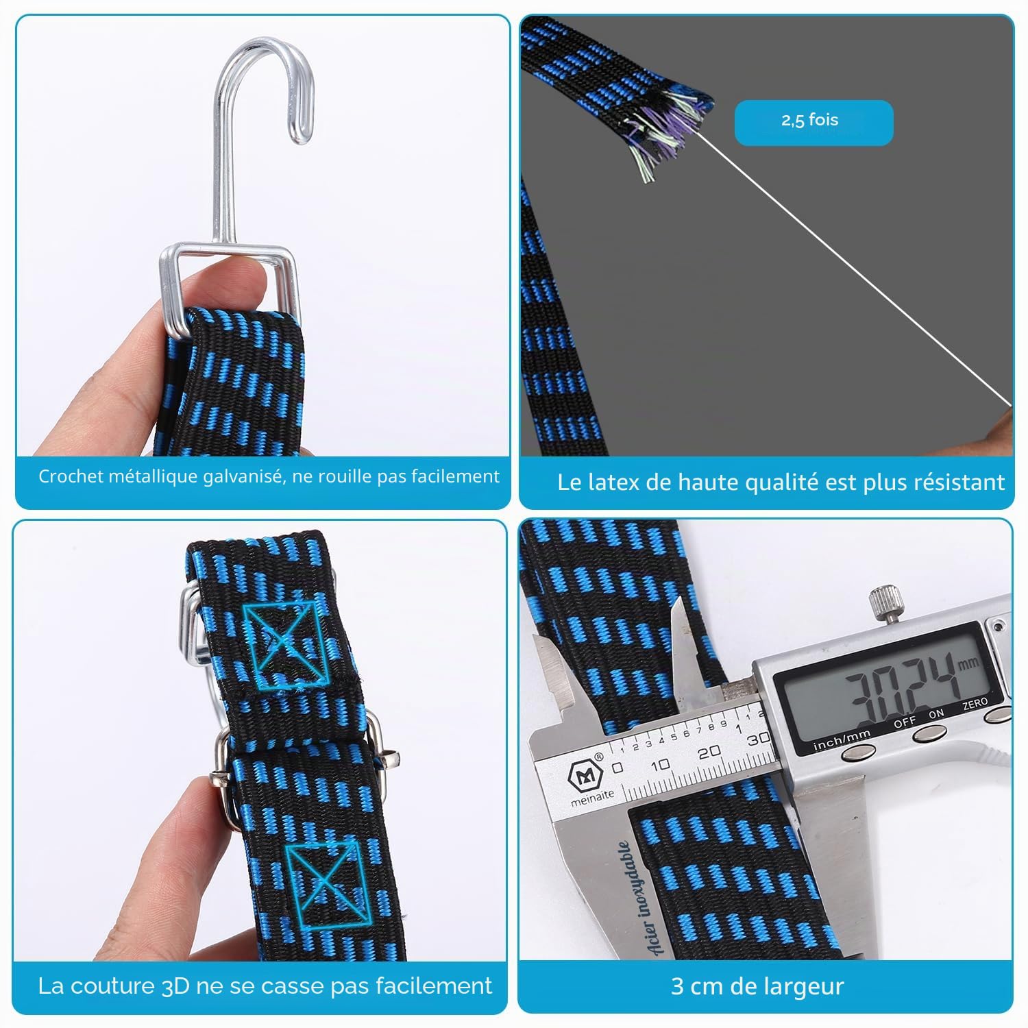 Tendeurs Elastique avec Crochets 8 pcs, 2M Plat Tendeur de Bagages, Réglables Tendeur Bagages, 2,5 Fois l'élasticité avec Doubles Crochets pour Transport de Bagages Voiture Moto Camping