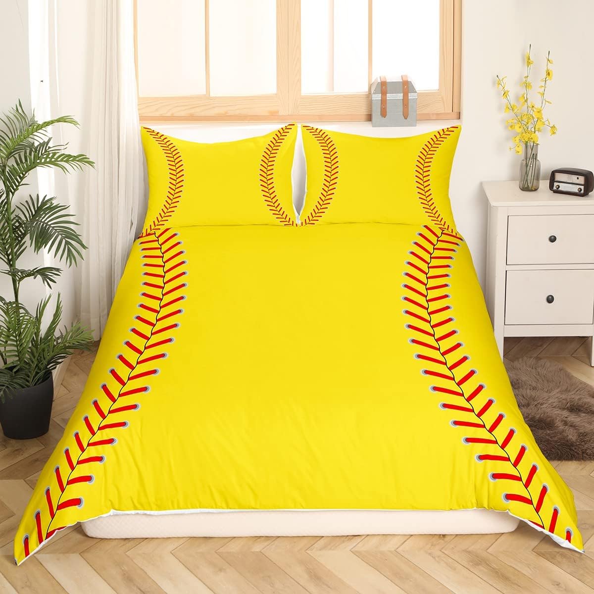 Softball Bedding Set for Softball Lover Ball Sports Theme Comforter Cover Set Girls Women Bright Red Yellow Room Decorative Duvet Cover Girl Boys Bedspread Cover 2Pcs With 1 Pillow Case Twin Size