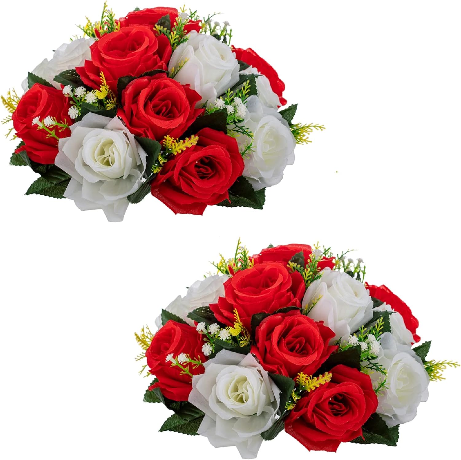 LANLONG 2 PCS Fake Flower Ball Arrangement Bouquet, 15 Heads Plastic Roses with Base, Artificial Flower for Wedding Bouquets Centerpieces Party Valentine's Day Home Decor