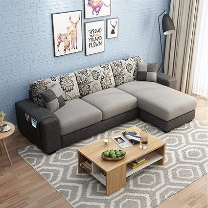 FURNY Wood Berlando 4 Seater RHS L Shape Sofa Set Collection (4-Person Sofa-RHS, Light Grey-Dark Grey)