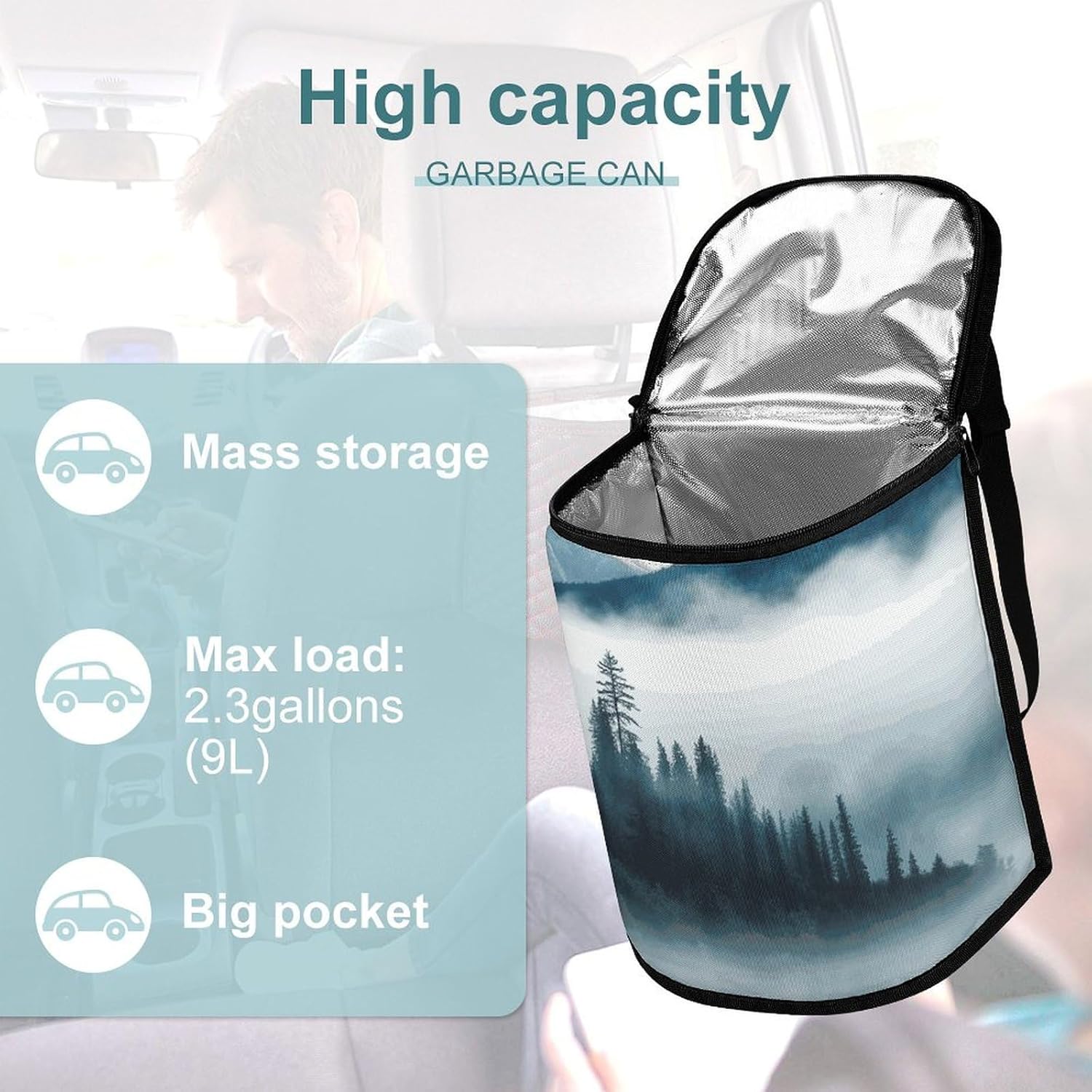Hanging Car Trash Bag Foggy Mountains Landscape Printed Car Garbage Storage Bag Leakproof Car Trash Can Portable Garbage Storage Bags