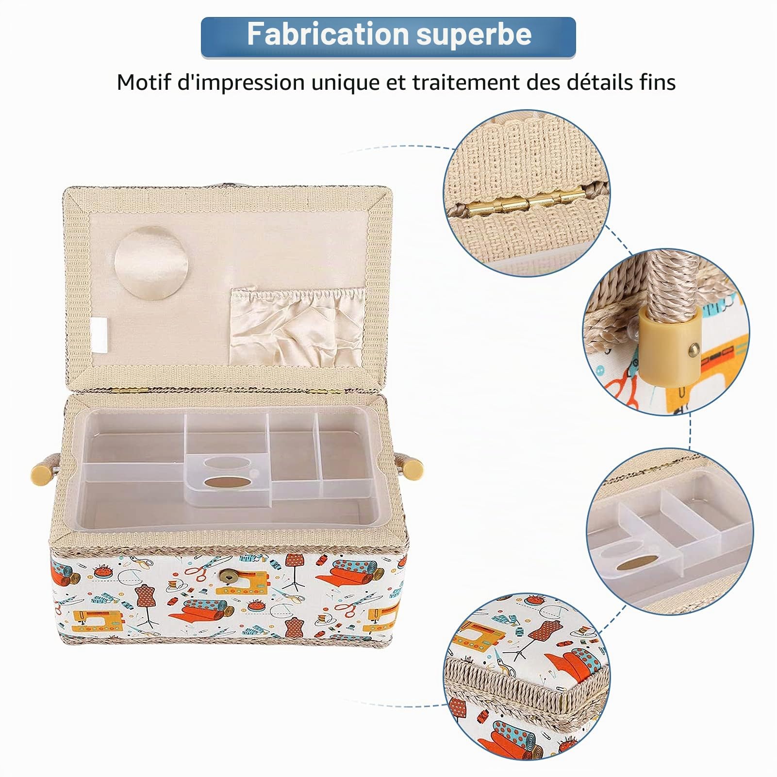 Cocoarm Panier à couture décoratif avec housse en tissu, plateau de rangement en plastique amovible, grand panier de rangement pour accessoires de couture, voyage et usage domestique