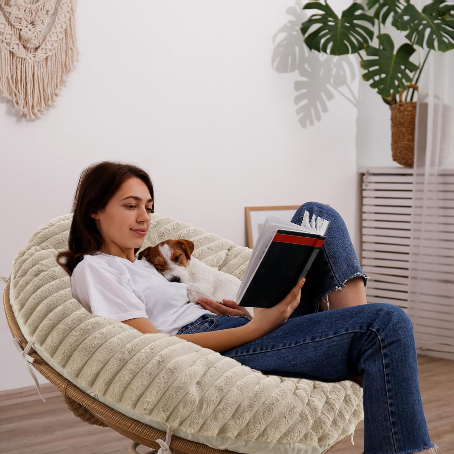 HOMBYS Fluffy Shaggy Cover for Papasan Chair Cushion, Plush Faux Fur Slipcover ONLY, (Without Cushion) Removable Soft Papasan Cushion Covers with 8 Ties, (Khaki, 50"x50")