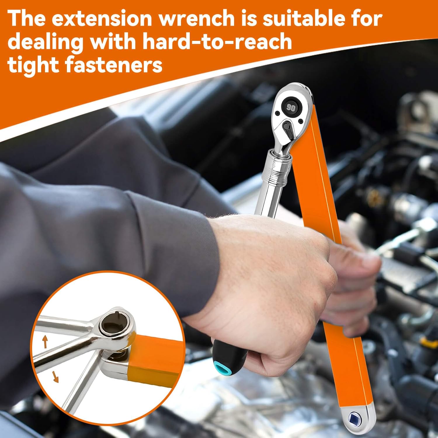 Offset Extension Wrench,15 Inch Impact Ready Socket Wrench Extender Tool Set with 1/2", 1/4" and 3/8" Square Drive Adapters, Zero Degree Ratchet Tool for Car Blue ﻿ (Orange)
