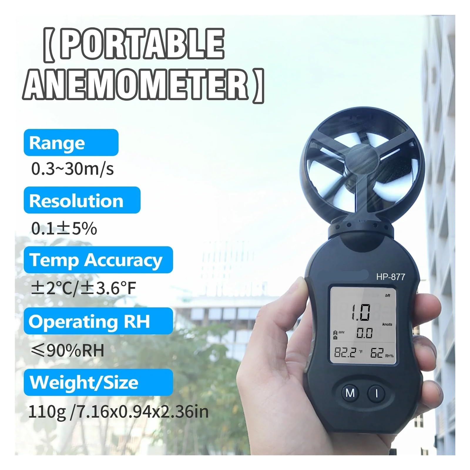 Anemómetro con medición de temperatura y humedad -877 soporte for trípode 0,3~30 M/s estación meteorológica anemómetro medidor flujo aire