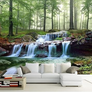 Custom Waterfall Stream Peel and Stick Wall Mural 3D Forest Landscape Wallpaper Removable Large Forest Murals