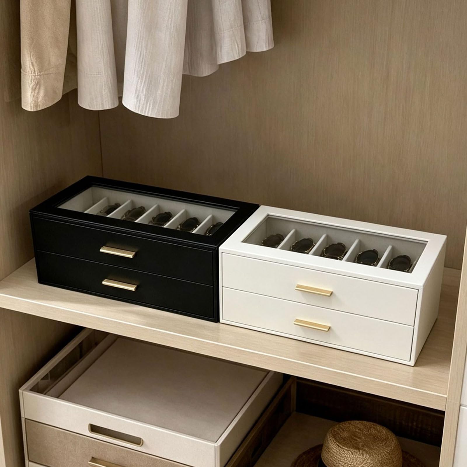 Sonnenbrillen-Aufbewahrungsbox mit 2 Ebenen, transparentem Deckel und weichem Samtfutter, Metallgriff, Sonnenbrillen-Organizer für 12 Paar Brillen-Aufbewahrungsbox