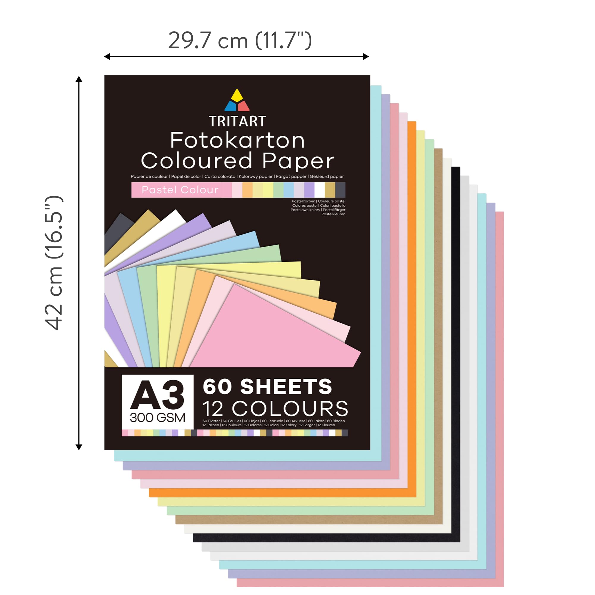 TRITART Coloured Paper A3 300 GSM - 60 Sheets Colour Fully Dyed Card for Crafts Origami School Assignments Wedding Cards & Children's Drawing - 12 Colours Light/Pastel - Image 2