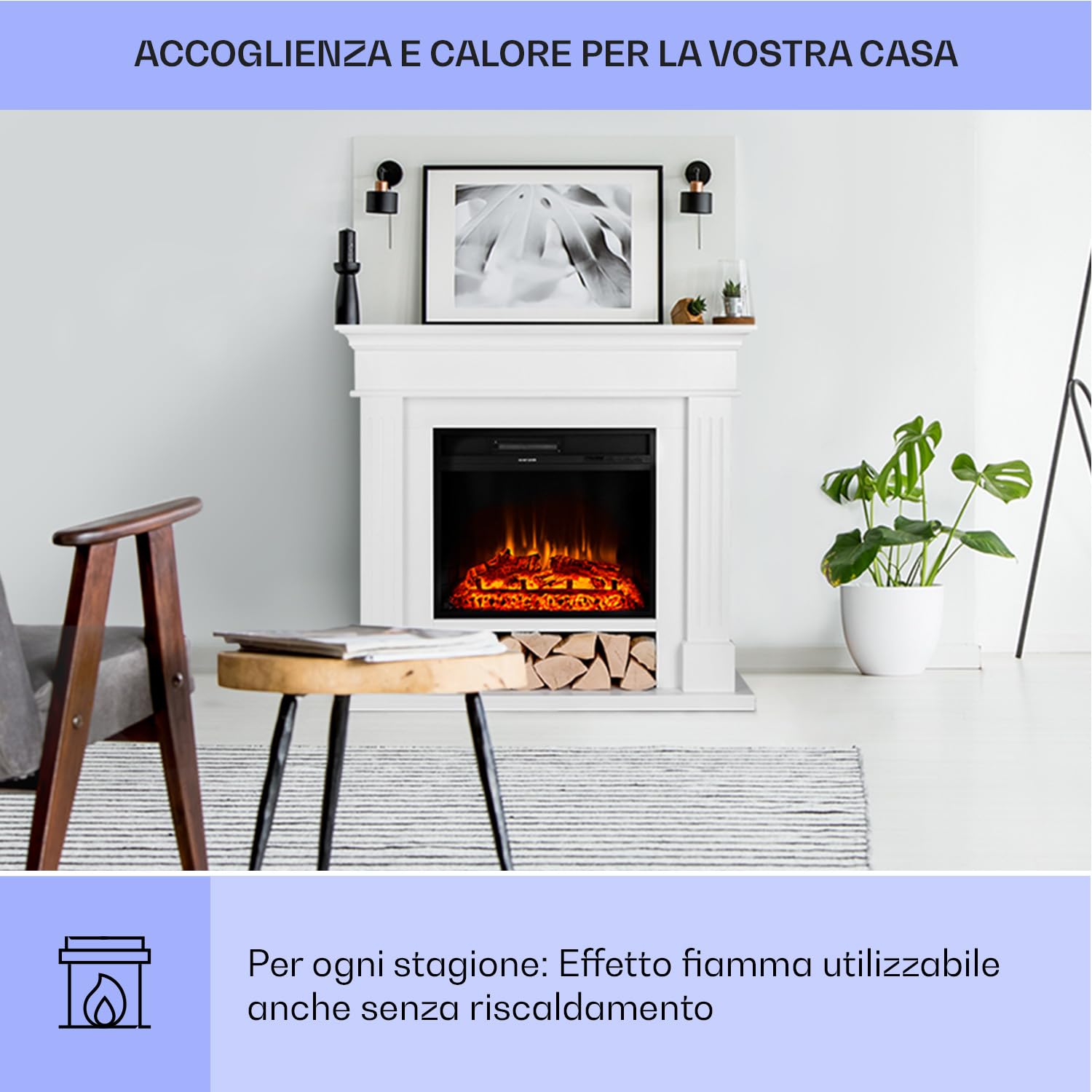 Klarstein Camino Elettrico Basso Consumo, Camino da Terra con Mensola, Elettrico da Parete, Caminetto 1800W, Finto Decorativo con LED, Telecomando, Timer, Controllo Temperatura
