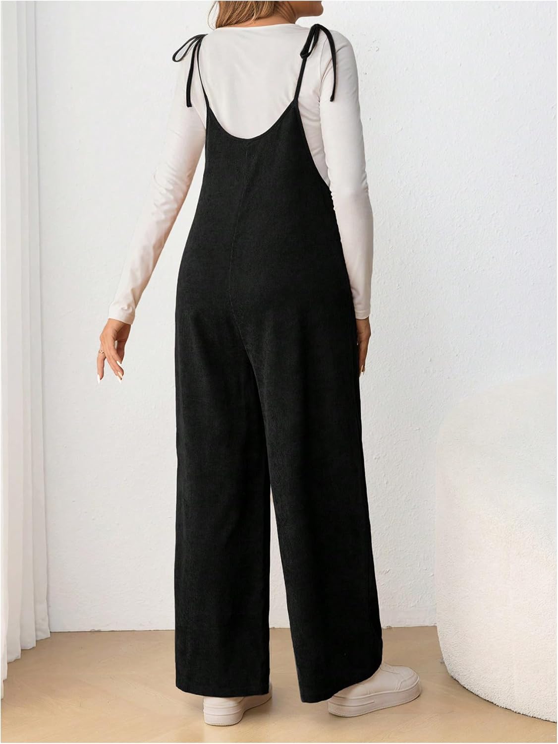 OYOANGLE Women's Maternity Wide Leg Overalls U Neck Spaghetti Strap Pregnancy Jumpsuits - Image 2