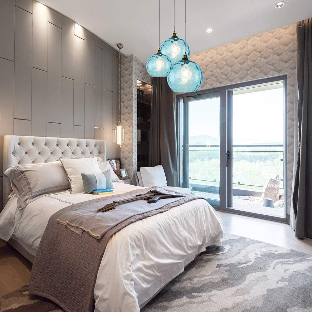 Holiday Deals 🛒 I-xun Modern Pendant Lighting Blue Industrial Design E27 Glass Pendant Light Lamp Shade Ceiling Lighting (11.8'' 30cm)