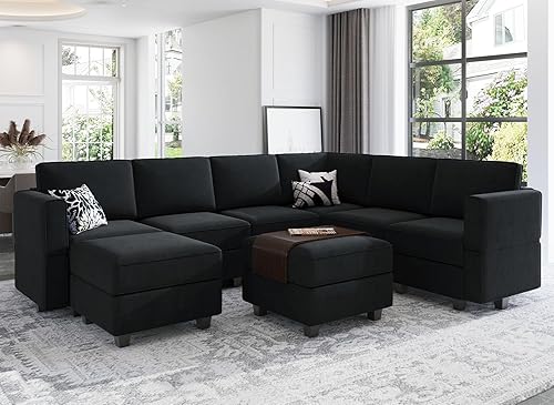 Belffin Sofá seccional modular con asiento de almacenamiento, sofá grande en forma de U con diván reversible de terciopelo con otomano, color negro